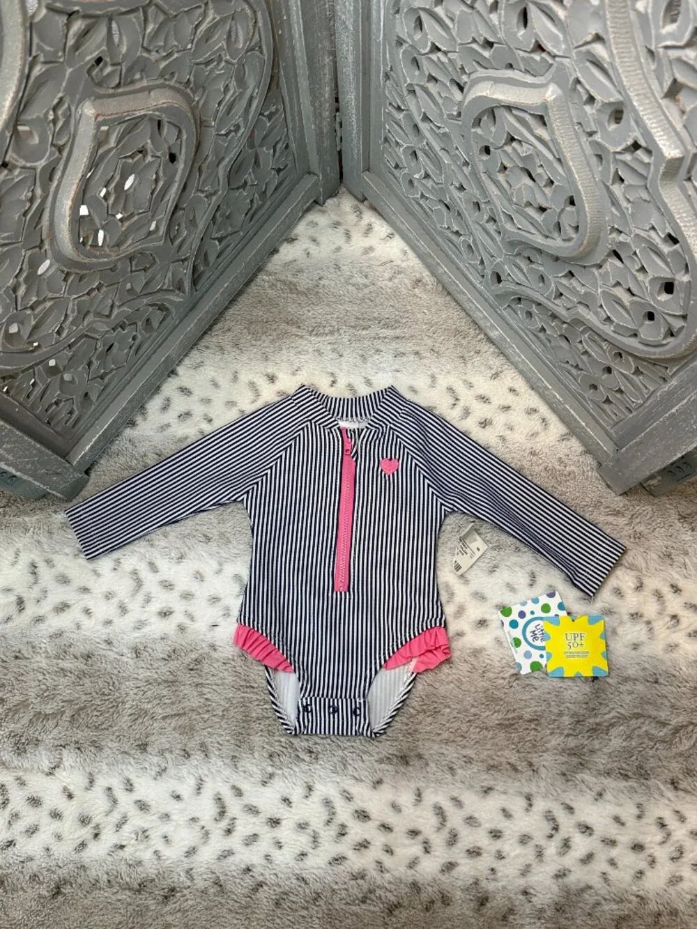 NWT! Little Me blue white stripes long sleeve swimsuit baby girls 3-6 months